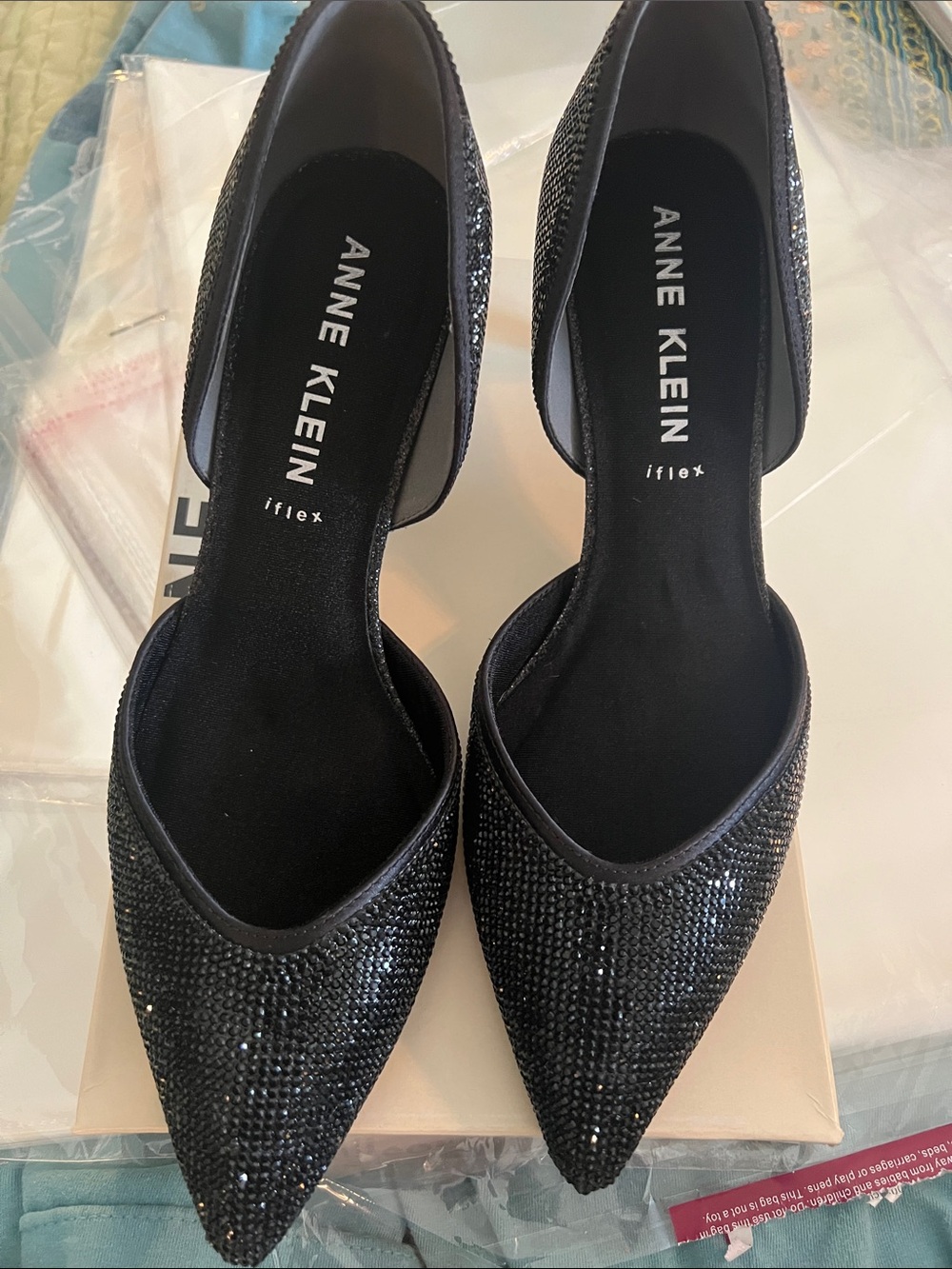 Anne Klein Remy Black Pointed Toe Sequin Heels, NIB
